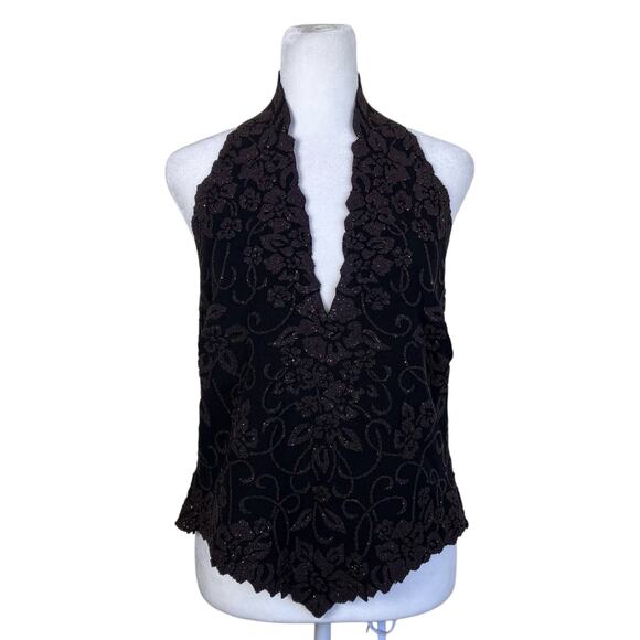 Tadashi Vtg Y2K Textured Beaded Halter Neck Top Pointed Hem Whimsygoth - Picture 1 of 16